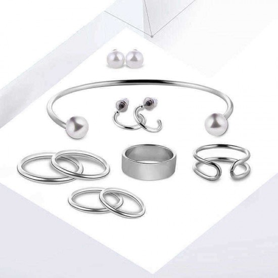 9 Pcs of Trendy Rings Artificial Pearl Earrings Bracelet Women Jewelry Set