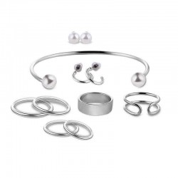 9 Pcs of Trendy Rings Artificial Pearl Earrings Bracelet Women Jewelry Set