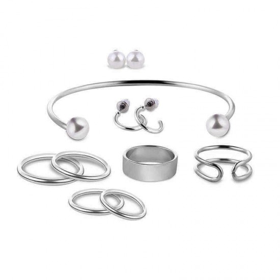 9 Pcs of Trendy Rings Artificial Pearl Earrings Bracelet Women Jewelry Set