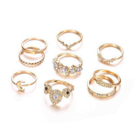 9 stk Etnisk Colorful Diamond Ring Set Retro Gold Moon Rhinestone Rings For Women