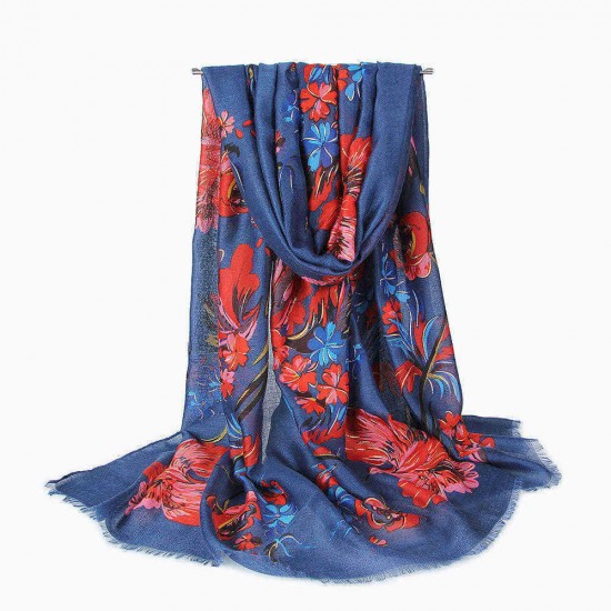 90*180CM Women Linen Summer Chinese Floral Painting Scarf Outdoor Breathable Flower Shawl