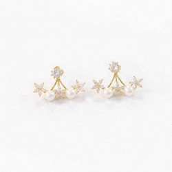 925 Silver Needle Pearl Flower Cubic Zircon Crystal Ear Stud Earrings