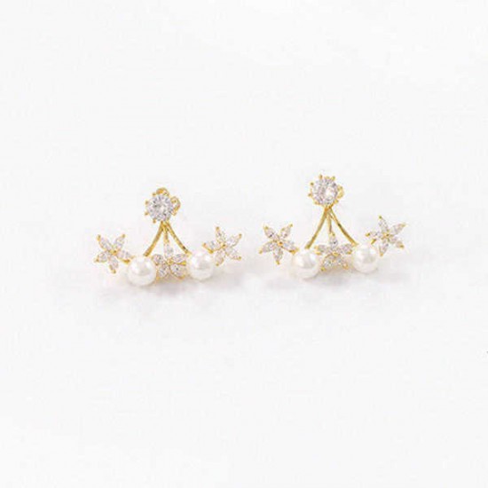 925 Silver Needle Pearl Flower Cubic Zircon Crystal Ear Stud Earrings