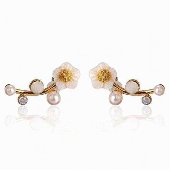 925 Silver Needle Shell Flower Crystal Rhinestone Ear Stud Earrings