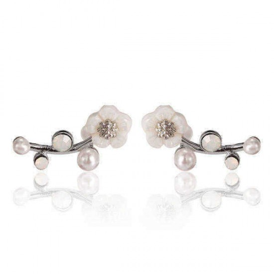 925 Silver Needle Shell Flower Crystal Rhinestone Ear Stud Earrings