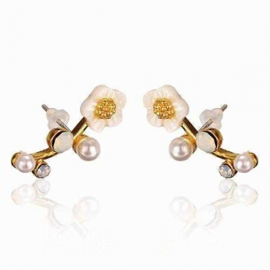 925 Silver Needle Shell Flower Crystal Rhinestone Ear Stud Earrings