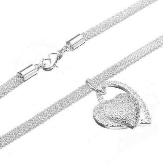 925 Silver Plated Inlaid Heart Pendant Net Chain Necklace For Women