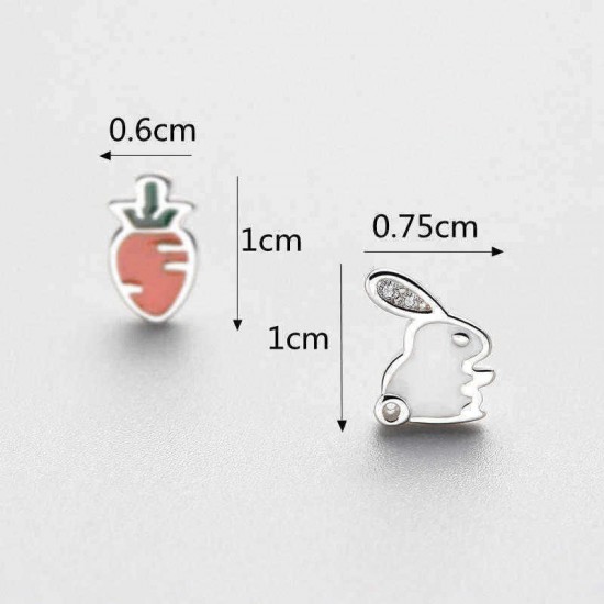 925 Sterling Silver Cute Asymmetric Rabbit Carrot Stud Earrings Trendy Zirconia Piercing Earring