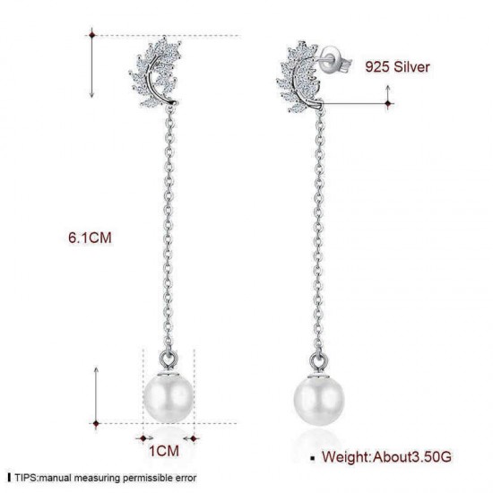 925 Sterling Silver Earrings Zircon Leaf Pearl Tassel Dangle Earring for Women