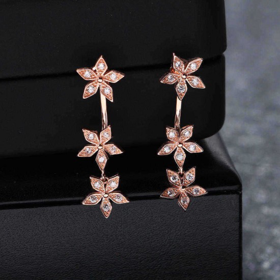 925 Sterling Silver Flower Earrings Dazzling Zirconia Rose Gold Ear Drop for Women