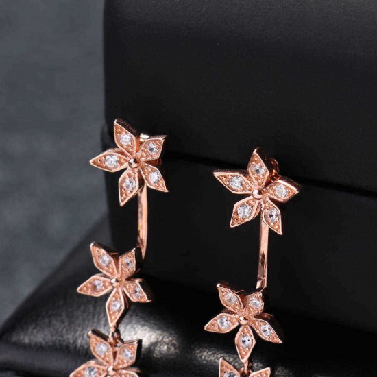 925 Sterling Silver Flower Earrings Dazzling Zirconia Rose Gold Ear Drop for Women