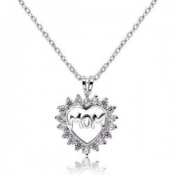 925 Sterling Silver Mom Rhinestone Hollow Heart Necklace Pendant