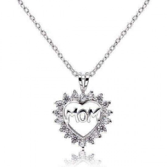 925 Sterling Silver Mom Rhinestone Hollow Heart Necklace Pendant