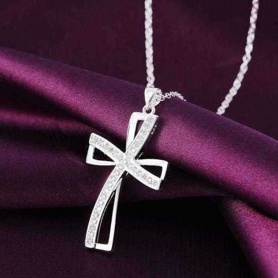 925 Sterling Silver Plated Women Cross Necklace Crystal Chain Jewelry