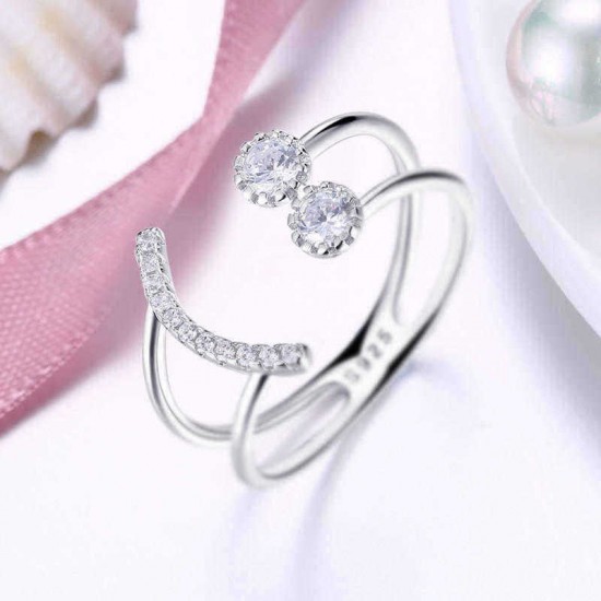 925 Sterling Silver Ring Geometric Zircon Open Ring Fashion Smiling Face Silver Ring for Women