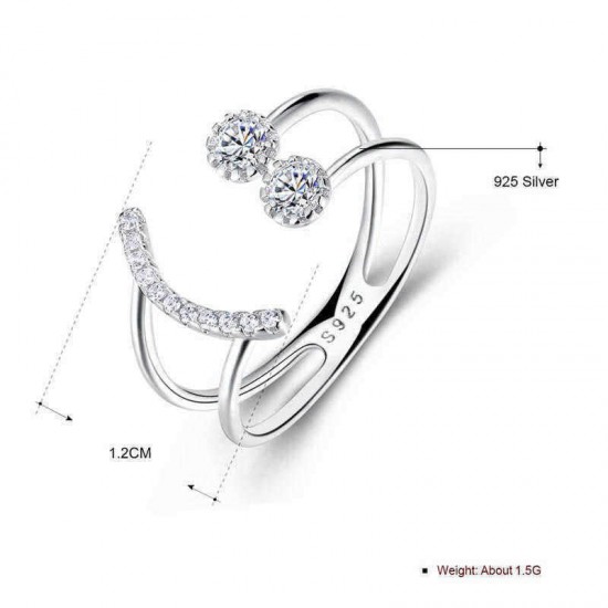 925 Sterling Silver Ring Geometric Zircon Open Ring Fashion Smiling Face Silver Ring for Women