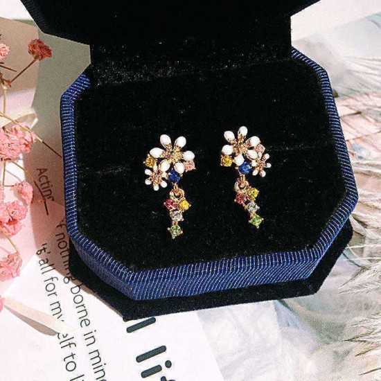 925 Sterling Silver Shell Flower Women Drop Earring Fashion Colorful Rhinestone Star Stud Earrings