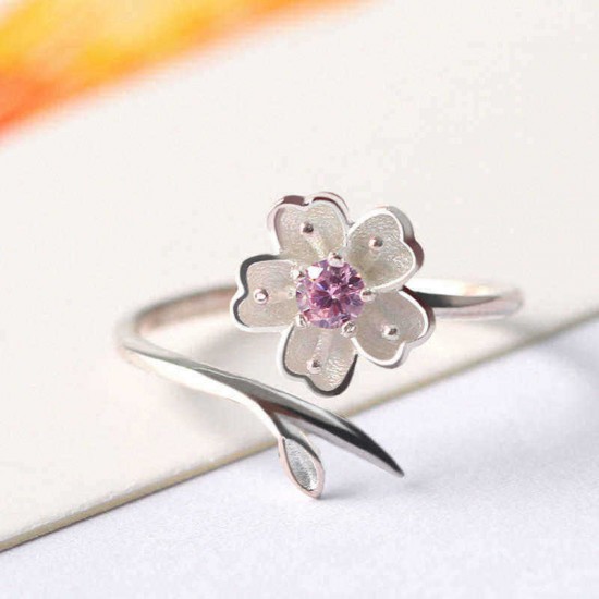 925 Sterling Silver Women Ring Purple Rhinestone Flower Charm Adjustable Open Ring for Women