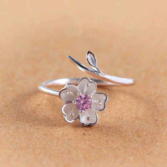 925 Sterling Silver Women Ring Purple Rhinestone Flower Charm Adjustable Open Ring for Women