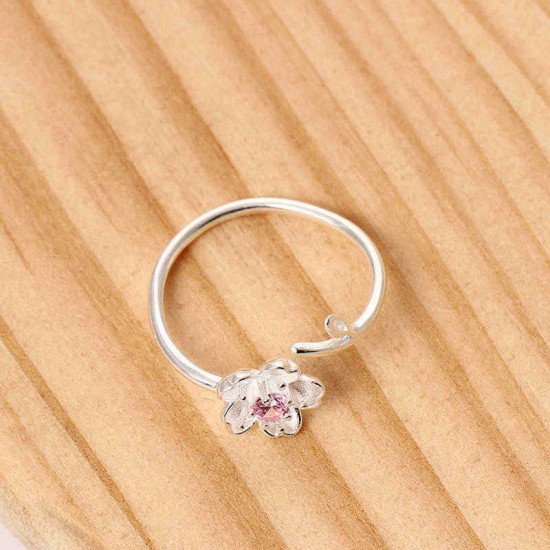 925 Sterling Silver Women Ring Purple Rhinestone Flower Charm Adjustable Open Ring for Women