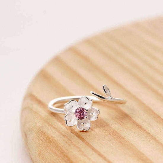 925 Sterling Silver Women Ring Purple Rhinestone Flower Charm Adjustable Open Ring for Women