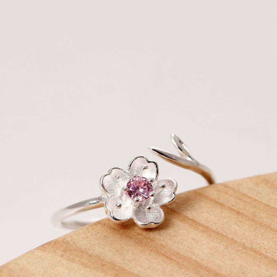 925 Sterling Silver Women Ring Purple Rhinestone Flower Charm Adjustable Open Ring for Women