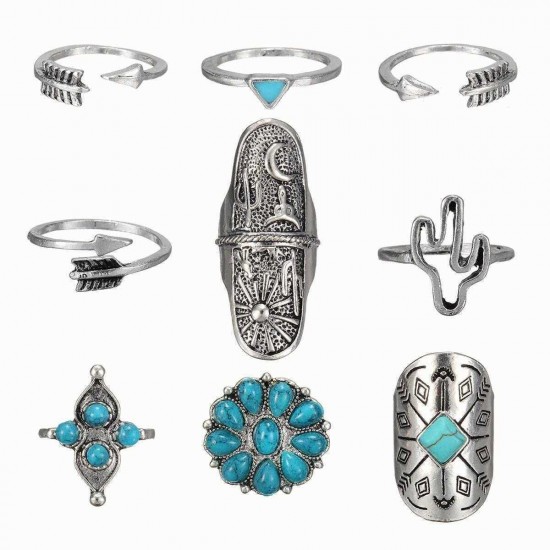 9PCS Boho Style Silver Vintage Ring Women Geometry Finger Ring Set