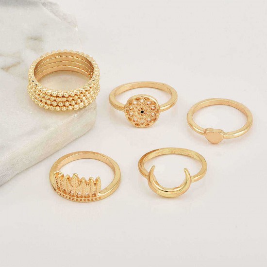 9Pcs Bohemian Ring Set Vintage Moon Heart Flower Crown Silver Gold Knuckle Rings Gift for Women