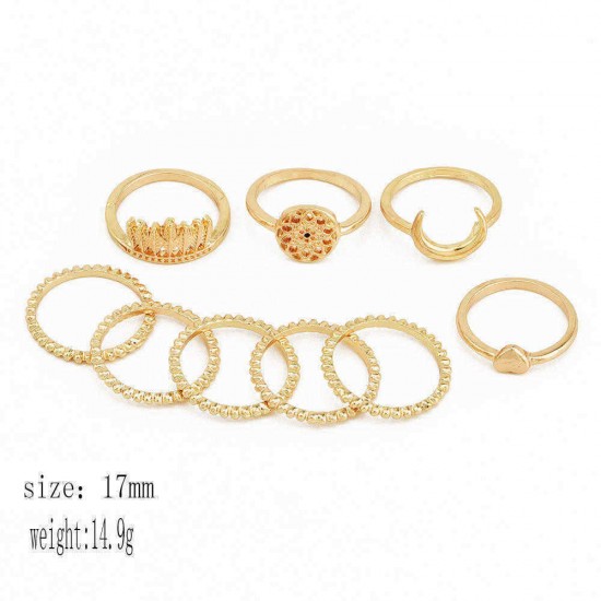 9Pcs Bohemian Ring Set Vintage Moon Heart Flower Crown Silver Gold Knuckle Rings Gift for Women