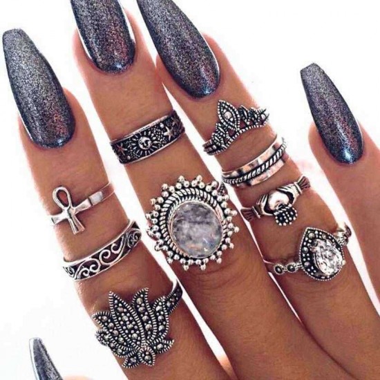 9Pcs Bohemian Statement Ring Sets Vintage Geometric Sun Stars Crown Flower Knuckle Rings for Women