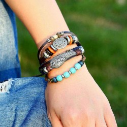 Adjustable Black Braided Leather Bracelet Multilayer Weave Bracelets Wing Turquoise Beads Bracelet