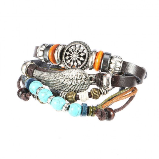 Adjustable Black Braided Leather Bracelet Multilayer Weave Bracelets Wing Turquoise Beads Bracelet