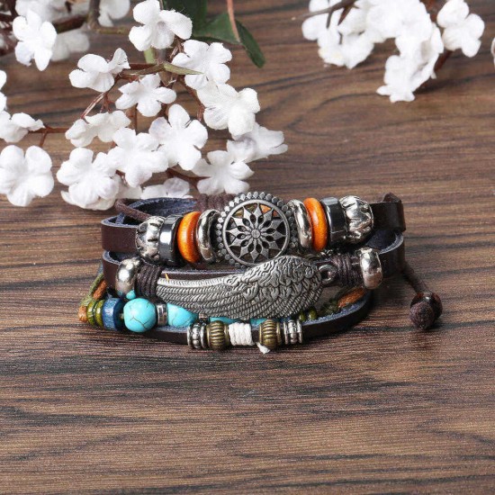 Adjustable Black Braided Leather Bracelet Multilayer Weave Bracelets Wing Turquoise Beads Bracelet