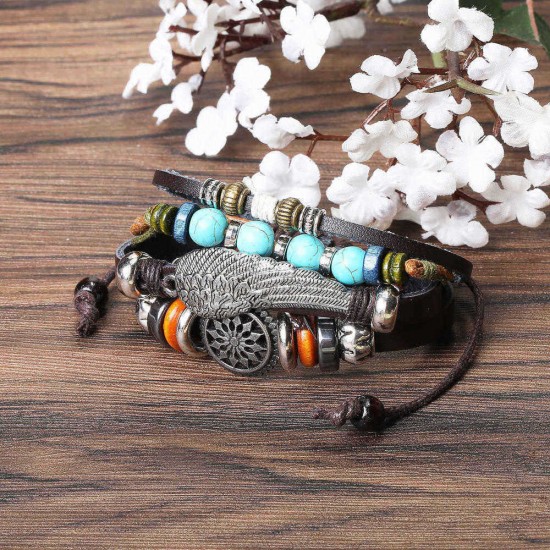 Adjustable Black Braided Leather Bracelet Multilayer Weave Bracelets Wing Turquoise Beads Bracelet