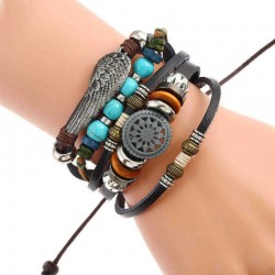 Adjustable Black Braided Leather Bracelet Multilayer Weave Bracelets Wing Turquoise Beads Bracelet