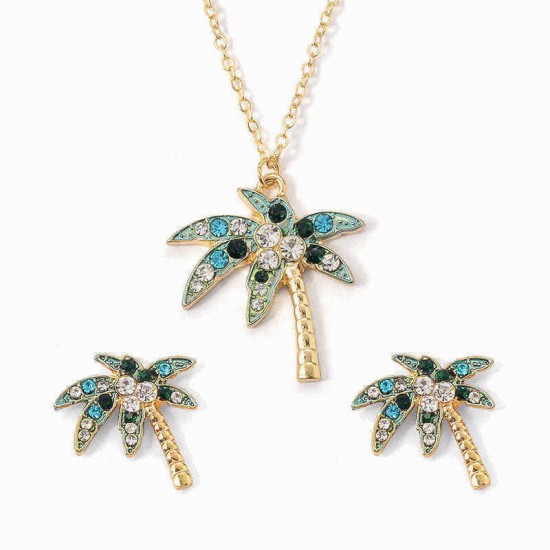 African Coconut Tree Earring Necklace Set Rhinestone Tropical Style Jewelry Set For Women