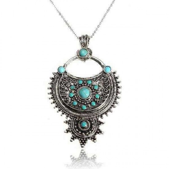 Antique Silver Flower Owl Turquoise Charm Necklace Pendant Unisex