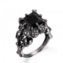 Black Zircon Stainless Steel Ring Gothic Claw Double Skull Rhinestone Finger Ring for Women