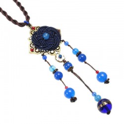 Blue Crystal Flower Necklace Ethnic Long Rope Bead Necklace for Women