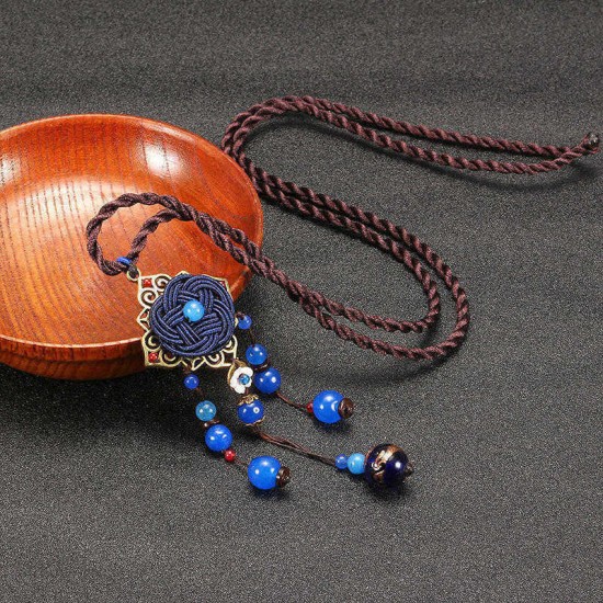 Blue Crystal Flower Necklace Ethnic Long Rope Bead Necklace for Women