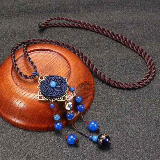 Blue Crystal Flower Necklace Ethnic Long Rope Bead Necklace for Women