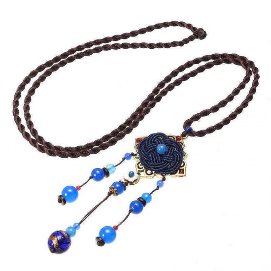 Blue Crystal Flower Necklace Ethnic Long Rope Bead Necklace for Women