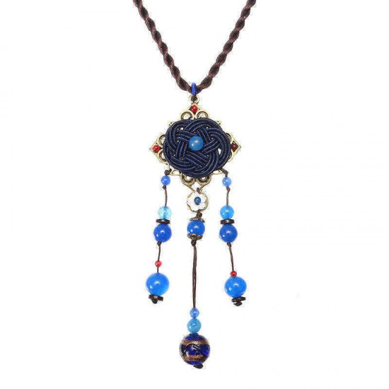 Blue Crystal Flower Necklace Ethnic Long Rope Bead Necklace for Women