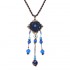 Blue Crystal Flower Necklace Ethnic Long Rope Bead Necklace for Women