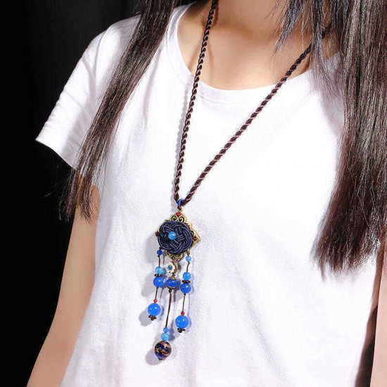 Blue Crystal Flower Necklace Ethnic Long Rope Bead Necklace for Women