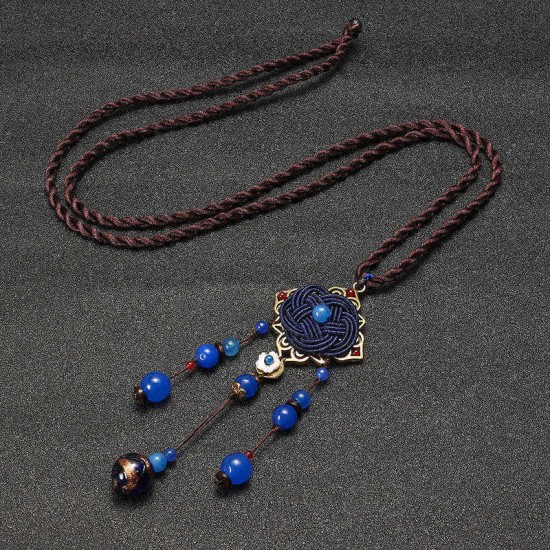 Blue Crystal Flower Necklace Ethnic Long Rope Bead Necklace for Women