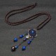 Blue Crystal Flower Necklace Ethnic Long Rope Bead Necklace for Women