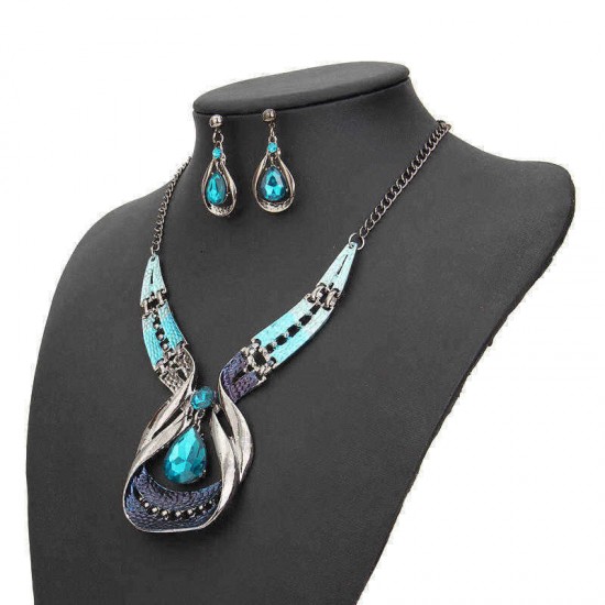 Blue Gems Necklace Crystal Drop Earrings Jewelry Set