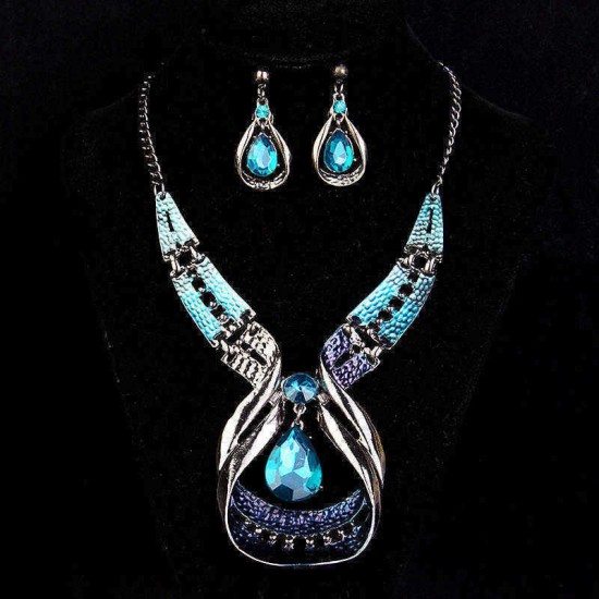 Blue Gems Necklace Crystal Drop Earrings Jewelry Set