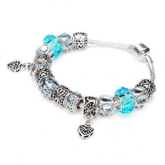 Blue Murano Glass Beads Crystal Bracelet 925 Silver Plated